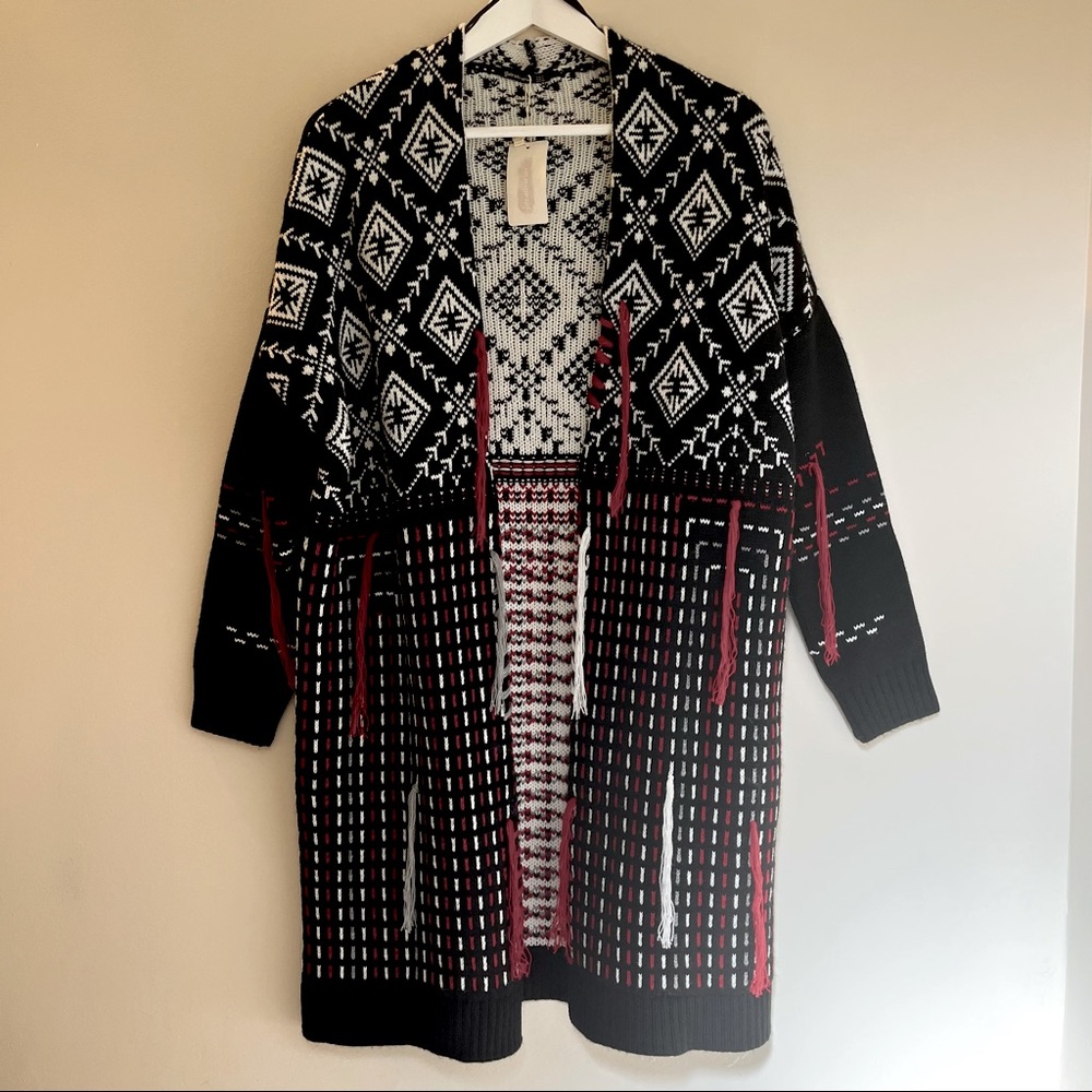 Stardivarius Southwest Boho Black White Red Open Cardigan Sz S